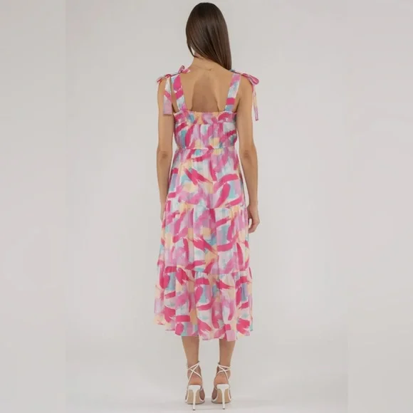 NWT Blu Pepper Brush Stroke Print Tiered Midi Dress - Picture 2 of 3